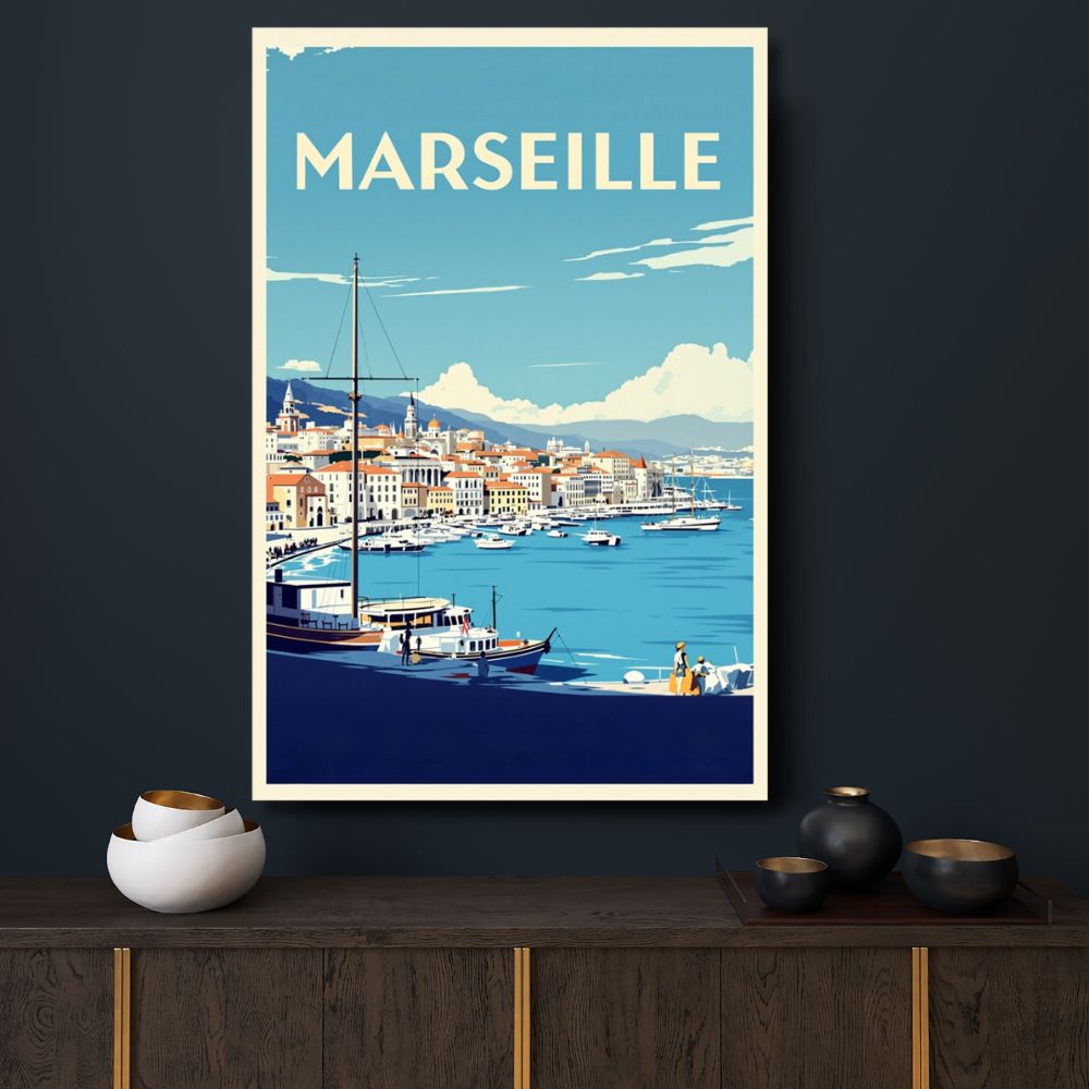 Touteladeco / Toile / Tableau / toile marseille / tableau vintage / déco méditerranée / affiche vieux-port / art rétro sud de la france / décoration murale marseille / ambiance provençale