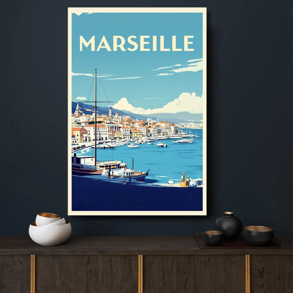 Touteladeco / Toile / Tableau / toile marseille / tableau vintage / déco méditerranée / affiche vieux-port / art rétro sud de la france / décoration murale marseille / ambiance provençale