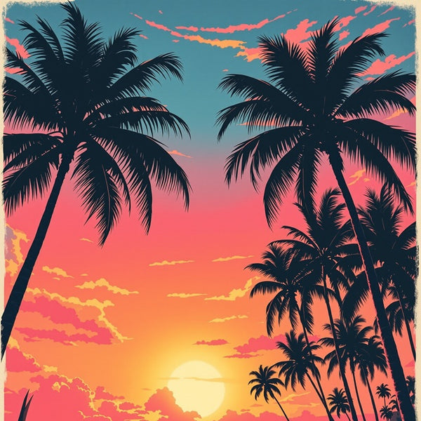 Touteladeco / Toile / Tableau / tableau miami / toile vintage floride / décoration rétro américaine / coucher de soleil plage / voiture ancienne / palmiers / toile murale miami