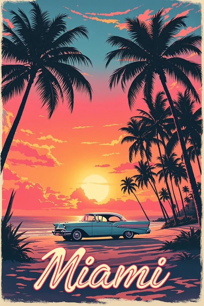 Touteladeco / Toile / Tableau / tableau miami / toile vintage floride / décoration rétro américaine / coucher de soleil plage / voiture ancienne / palmiers / toile murale miami