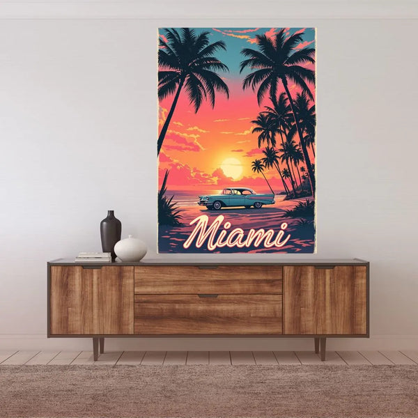 Touteladeco / Toile / Tableau / tableau miami / toile vintage floride / décoration rétro américaine / coucher de soleil plage / voiture ancienne / palmiers / toile murale miami