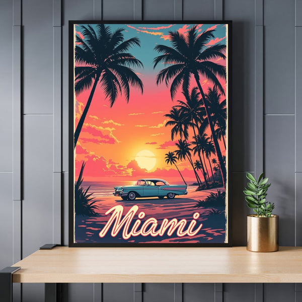 Touteladeco / Toile / Tableau / tableau miami / toile vintage floride / décoration rétro américaine / coucher de soleil plage / voiture ancienne / palmiers / toile murale miami