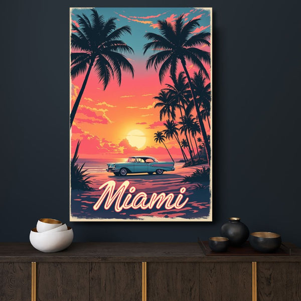 Touteladeco / Toile / Tableau / tableau miami / toile vintage floride / décoration rétro américaine / coucher de soleil plage / voiture ancienne / palmiers / toile murale miami