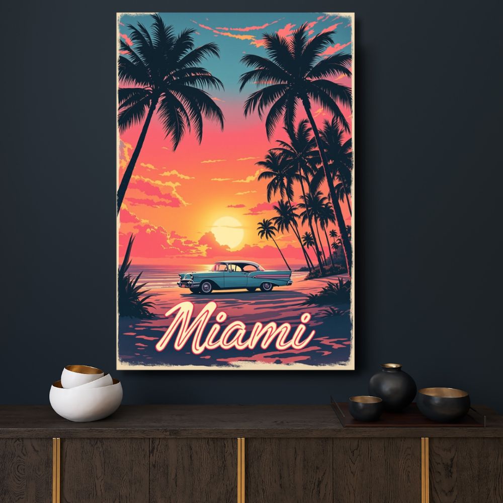 Touteladeco / Toile / Tableau / tableau miami / toile vintage floride / décoration rétro américaine / coucher de soleil plage / voiture ancienne / palmiers / toile murale miami