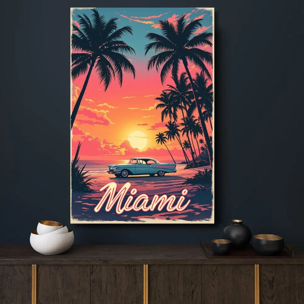 Touteladeco / Toile / Tableau / tableau miami / toile vintage floride / décoration rétro américaine / coucher de soleil plage / voiture ancienne / palmiers / toile murale miami