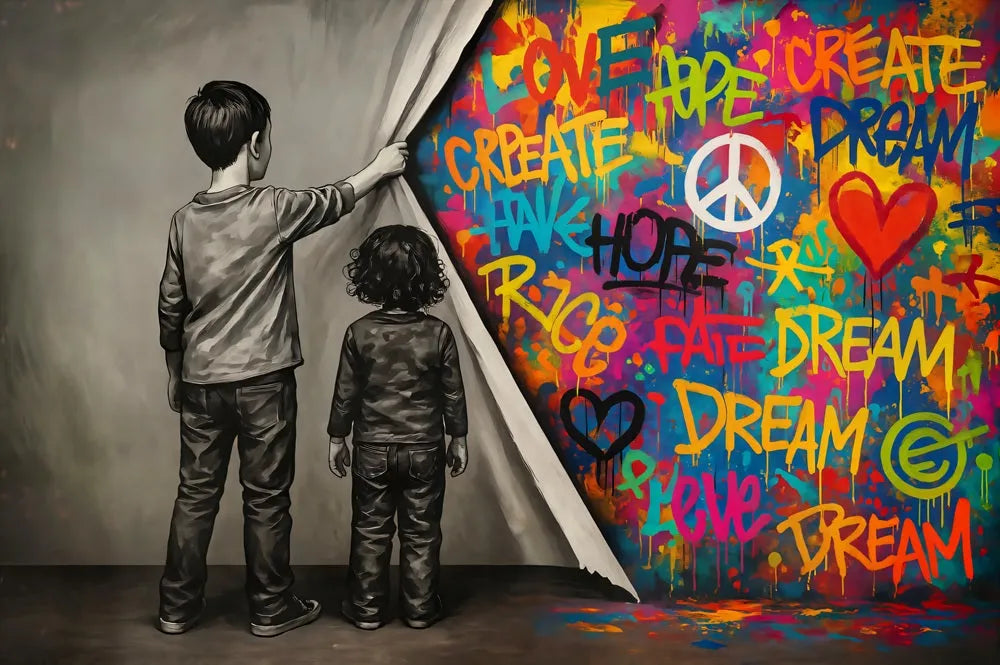 tableau street art / toile graffiti colorée / enfants noir et blanc / décoration murale moderne / tableau Banksy style / message love hope dream / art mural urbain / déco contemporaine salon