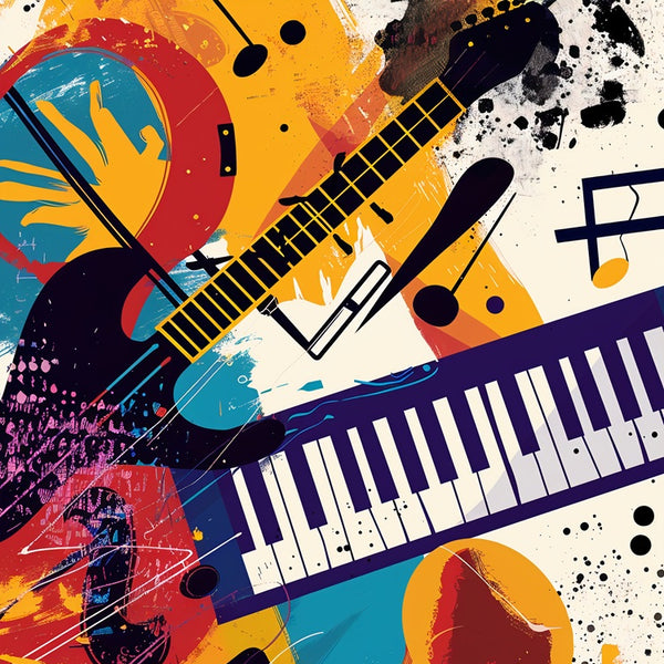 Touteladeco / Toile / Tableau / tableau musique / art pop / instruments / déco murale / guitare / piano / trompette / street art / coloré / dynamique