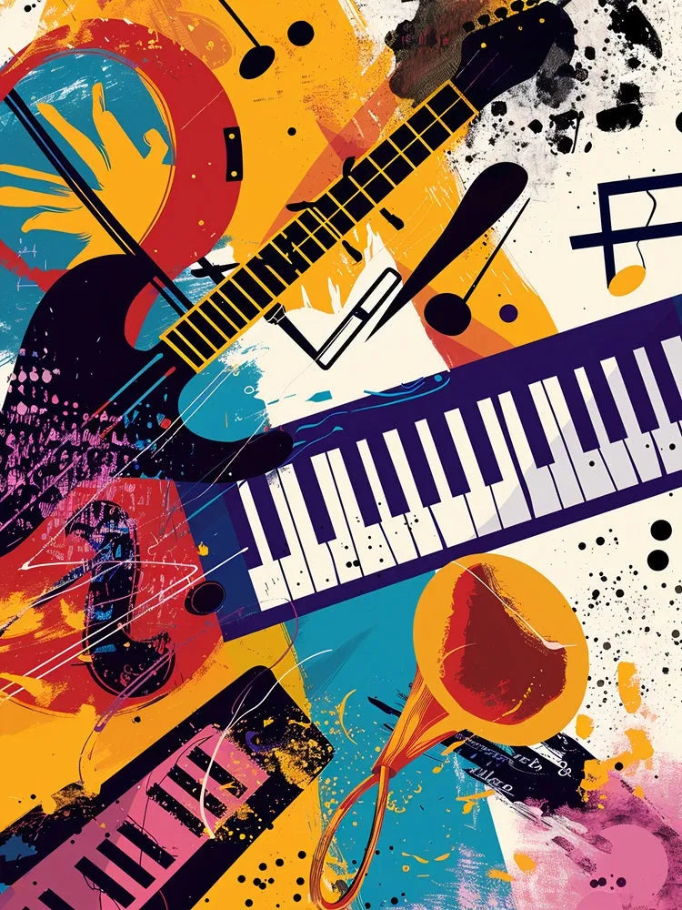Touteladeco / Toile / Tableau / tableau musique / art pop / instruments / déco murale / guitare / piano / trompette / street art / coloré / dynamique