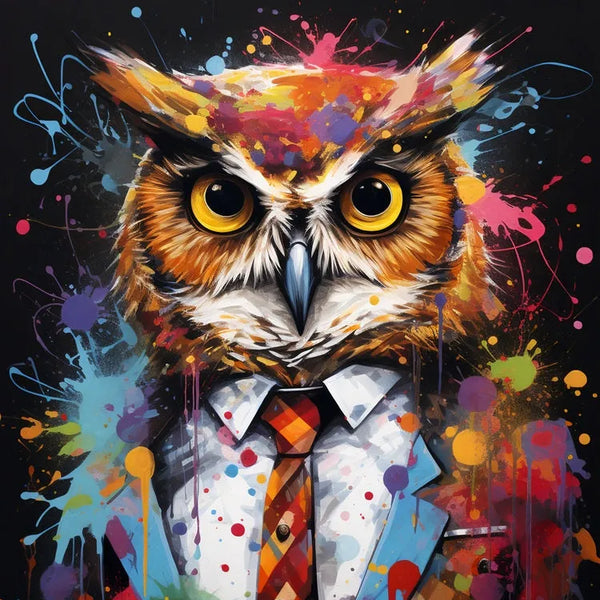 Touteladeco / Toile / Tableau / tableau hibou pop art / hibou en costume / art animalier moderne / décoration murale originale / peinture éclaboussée colorée / style street art décalé / oiseau stylisé en habit / déco chic et fun / impression sur toile / tableau expressif et créatif