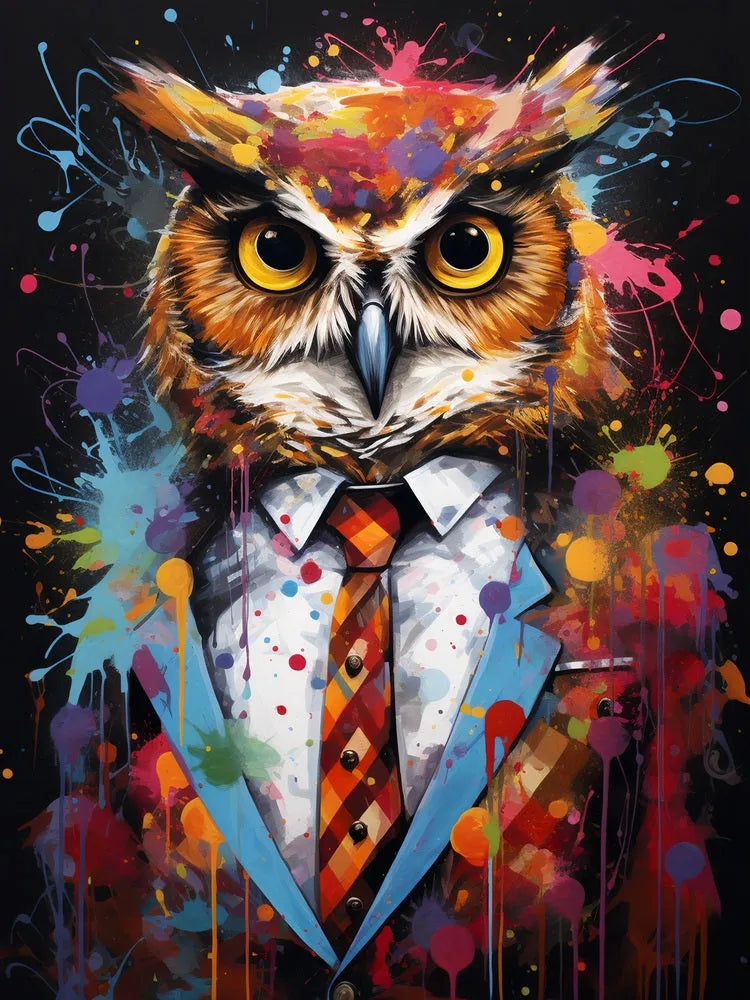 Touteladeco / Toile / Tableau / tableau hibou pop art / hibou en costume / art animalier moderne / décoration murale originale / peinture éclaboussée colorée / style street art décalé / oiseau stylisé en habit / déco chic et fun / impression sur toile / tableau expressif et créatif