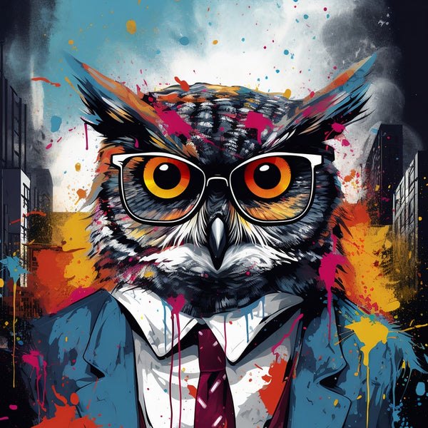 Touteladeco / toile / tableau / tableau hibou en costume / hibou avec lunettes / art animalier urbain / décoration murale originale / peinture pop art colorée / style street art chic / oiseau stylisé en habit / déco moderne et décalée / impression sur toile / tableau expressif et intelligent