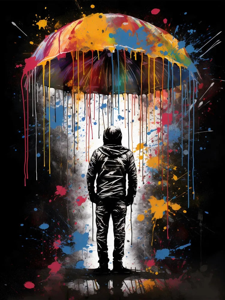 Touteladeco / Tableau Art / Banksy / Street Art / garçon / Parapluie / Graffiti / Pop Art / Décoration Murale / Décoration de maison / Moderne / Toile