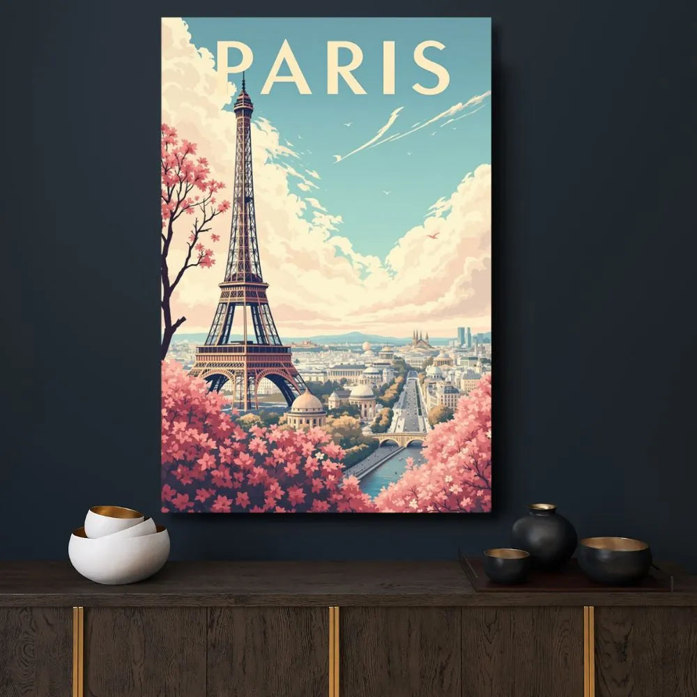 Touteladeco / Toile / Tableau / tableau paris / toile vintage tour eiffel / décoration parisienne / affiche rétro paris / déco romantique / illustration ville lumière / ambiance pastel