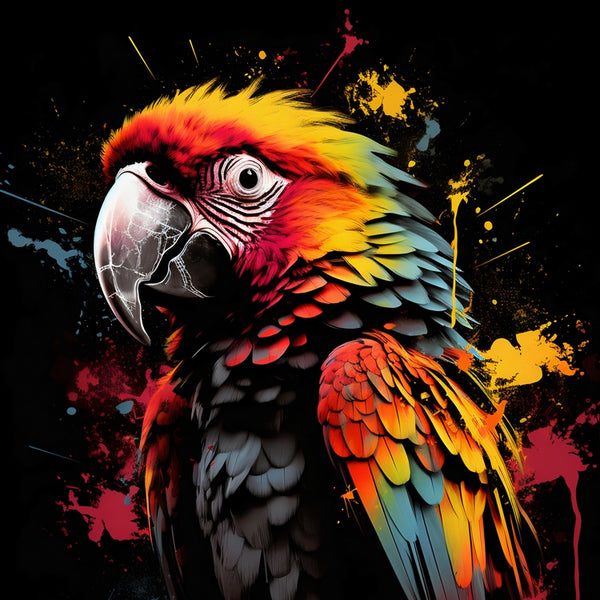 Touteladeco / Toile / Tableau / tableau perroquet pop art / ara macao stylisé / art animalier coloré / décoration murale exotique / oiseau tropical multicolore / peinture éclaboussée moderne / style street art vibrant / fond noir artistique / impression sur toile / déco expressive et audacieuse
