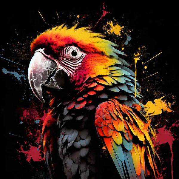 Touteladeco / Toile / Tableau / tableau perroquet pop art / ara macao stylisé / art animalier coloré / décoration murale exotique / oiseau tropical multicolore / peinture éclaboussée moderne / style street art vibrant / fond noir artistique / impression sur toile / déco expressive et audacieuse