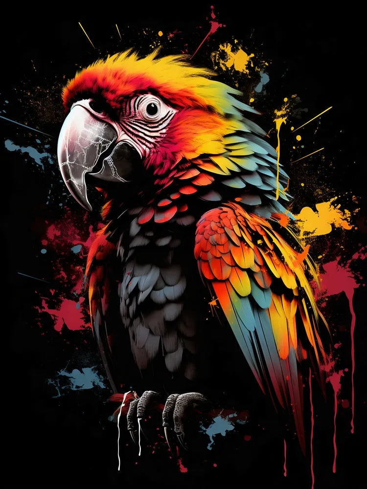 Touteladeco / Toile / Tableau / tableau perroquet pop art / ara macao stylisé / art animalier coloré / décoration murale exotique / oiseau tropical multicolore / peinture éclaboussée moderne / style street art vibrant / fond noir artistique / impression sur toile / déco expressive et audacieuse