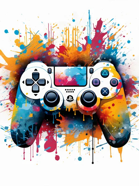 Touteladeco / Tableau / Pop Art / Jeux-Vidéo / tableau manette gaming / art geek moderne / décoration murale gamer / manette de jeu colorée / explosion de peinture / style street art et graffiti / déco pour salle gaming / tableau pour passionnés de jeux vidéo / impression sur toile / décoration dynamique et immersive