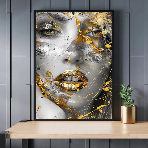 Touteladeco / Toile / Tableau / tableau femme / visage doré / art mural moderne / street art / décoration murale / tableau glamour / portrait féminin / toile luxe