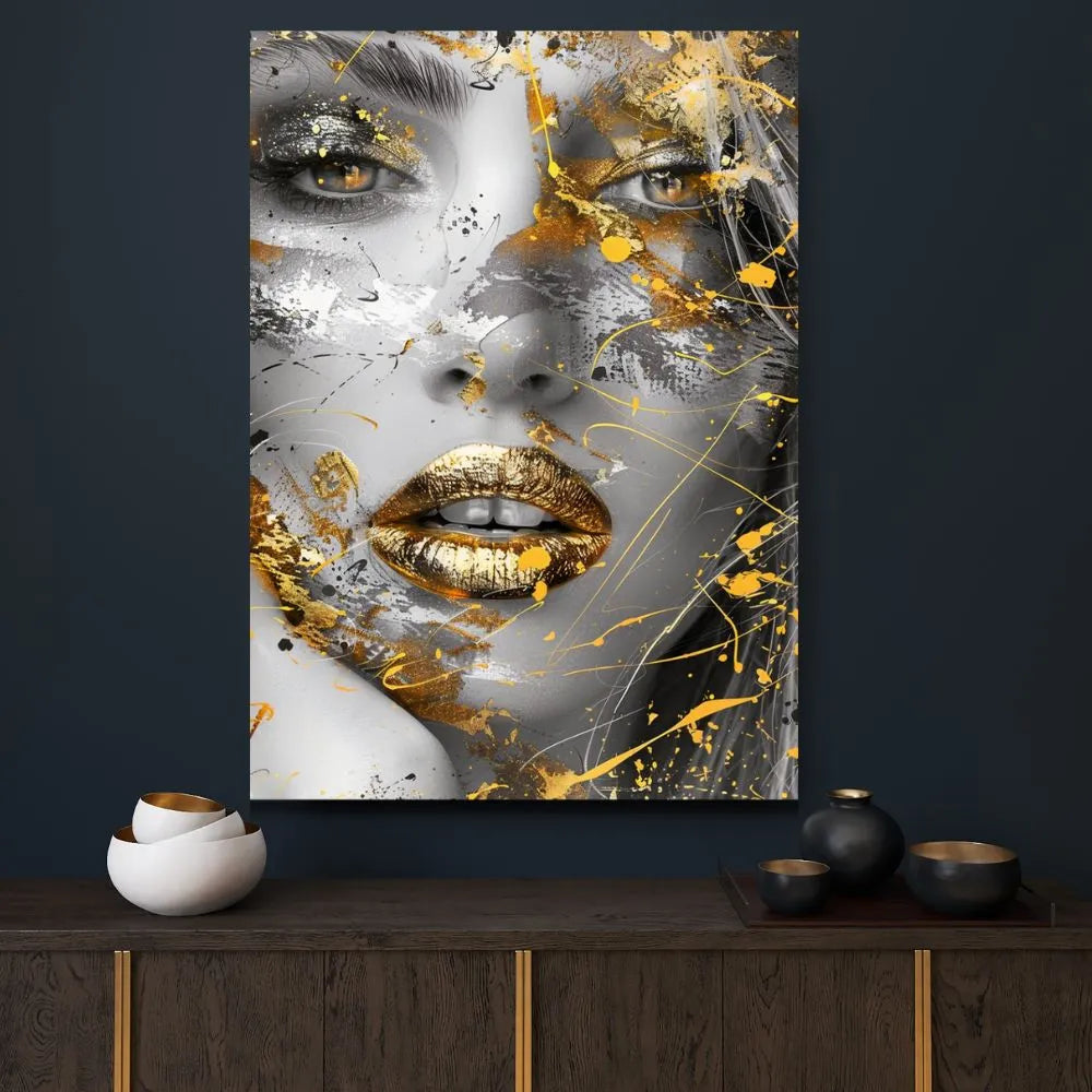 Touteladeco / Toile / Tableau / tableau femme / visage doré / art mural moderne / street art / décoration murale / tableau glamour / portrait féminin / toile luxe