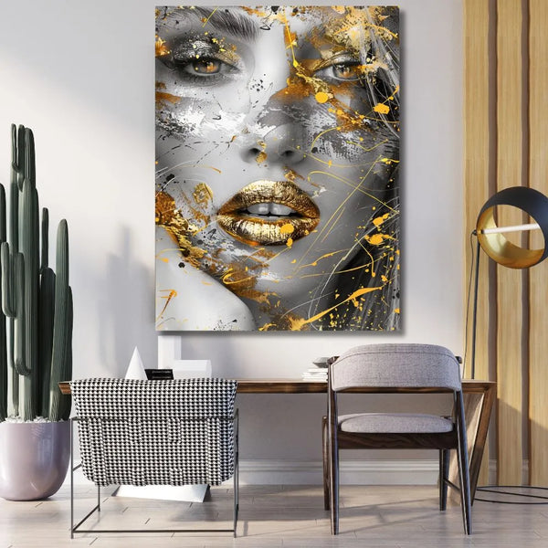 Touteladeco / Toile / Tableau / tableau femme / visage doré / art mural moderne / street art / décoration murale / tableau glamour / portrait féminin / toile luxe