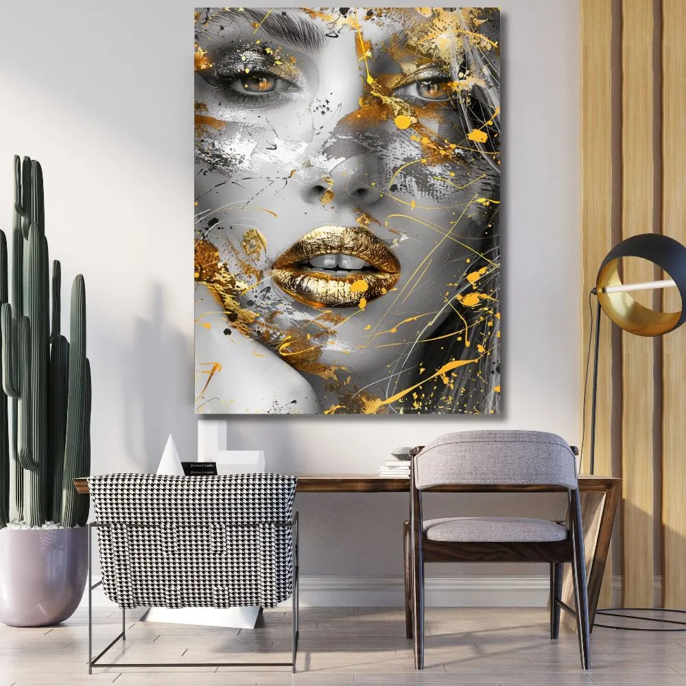 Touteladeco / Toile / Tableau / tableau femme / visage doré / art mural moderne / street art / décoration murale / tableau glamour / portrait féminin / toile luxe
