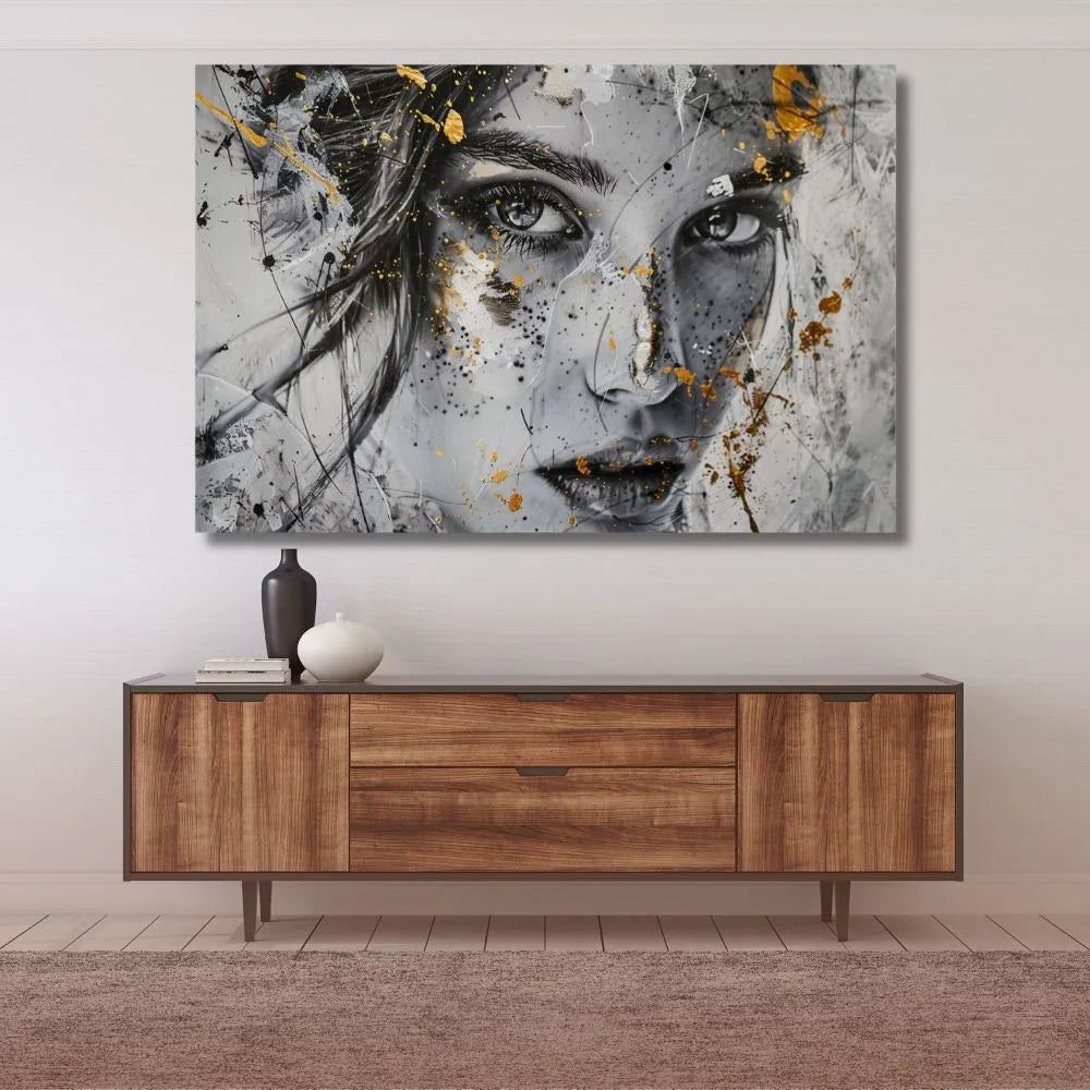 Touteladeco / Toile / tableau / tableau femme / visage doré / art moderne / portrait féminin / décoration murale / regard expressif / toile contemporaine