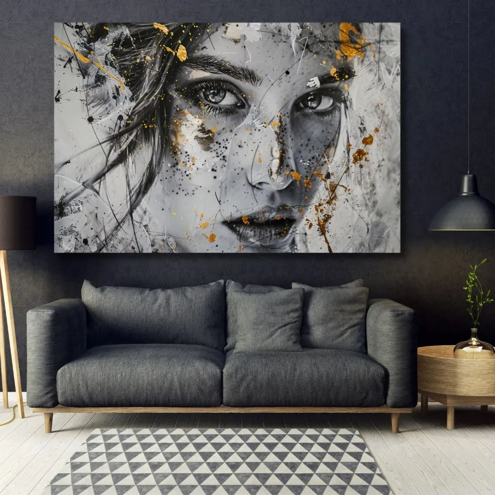 Touteladeco / Toile / tableau / tableau femme / visage doré / art moderne / portrait féminin / décoration murale / regard expressif / toile contemporaine