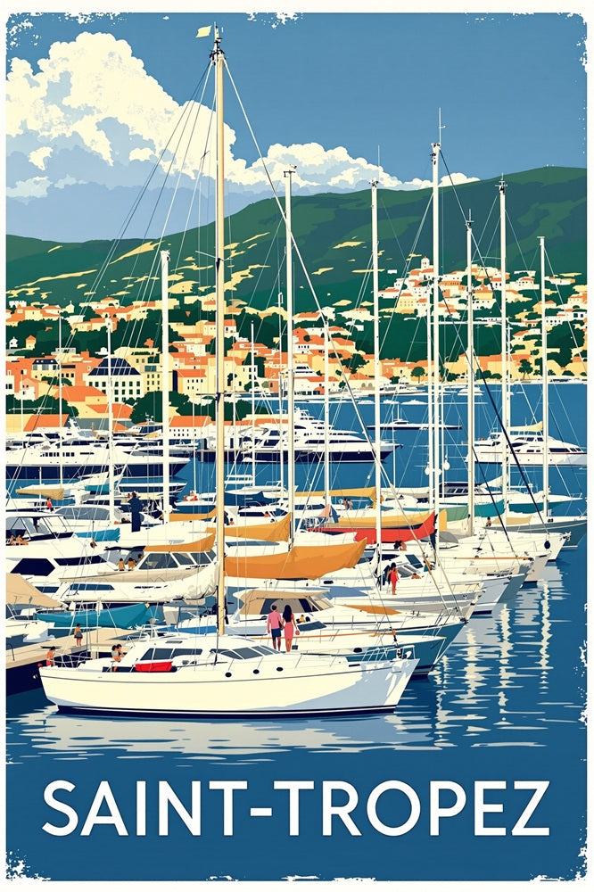 Touteladeco / Toile / Tableau / toile saint tropez / tableau vintage / déco port de plaisance / affiche french riviera / toile mer méditerranée / décoration bord de mer / art rétro nautique