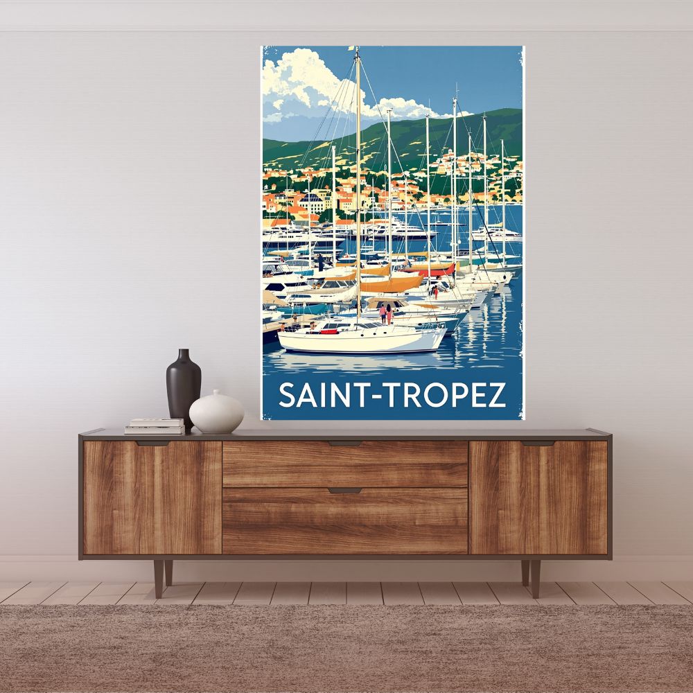 Touteladeco / Toile / Tableau / toile saint tropez / tableau vintage / déco port de plaisance / affiche french riviera / toile mer méditerranée / décoration bord de mer / art rétro nautique