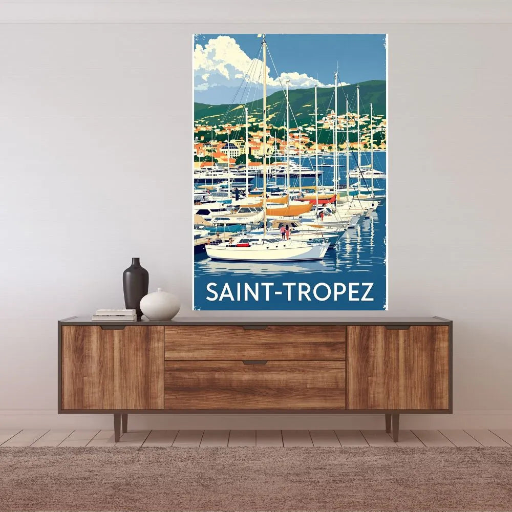 Touteladeco / Toile / Tableau / toile saint tropez / tableau vintage / déco port de plaisance / affiche french riviera / toile mer méditerranée / décoration bord de mer / art rétro nautique