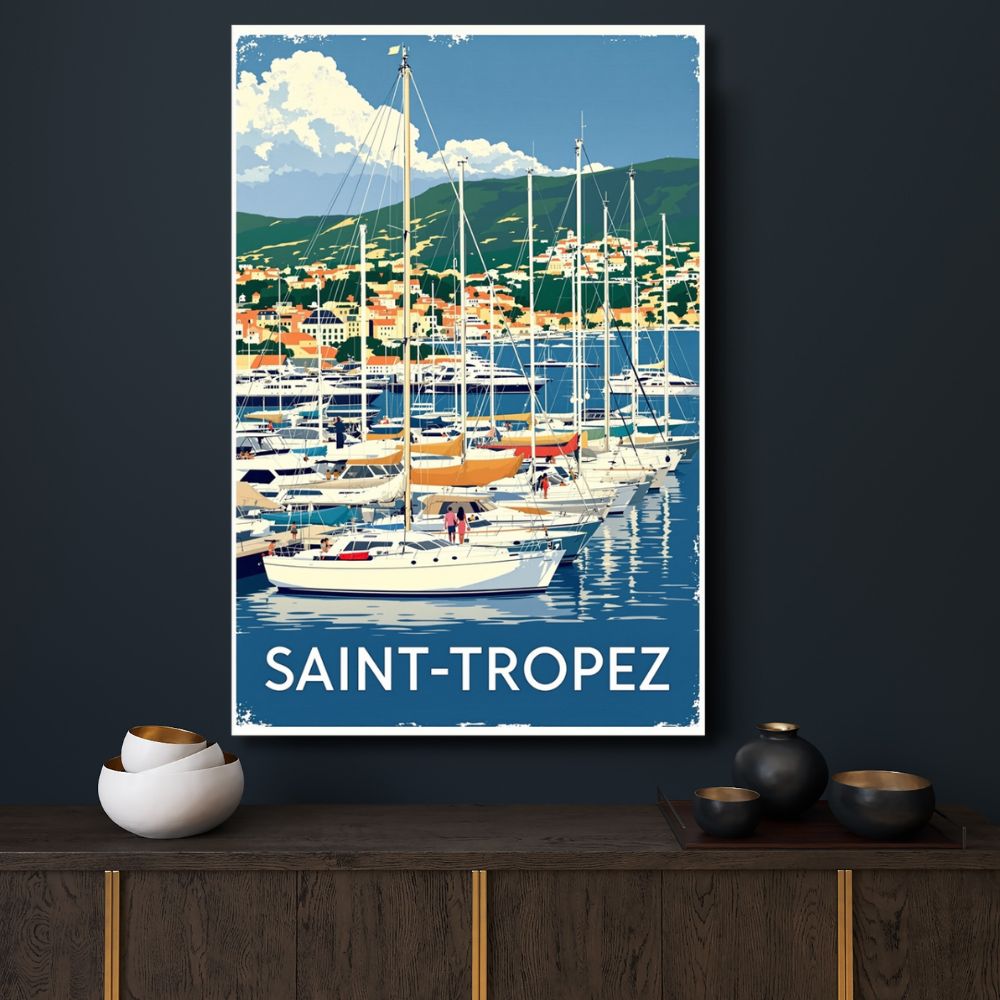 Touteladeco / Toile / Tableau / toile saint tropez / tableau vintage / déco port de plaisance / affiche french riviera / toile mer méditerranée / décoration bord de mer / art rétro nautique