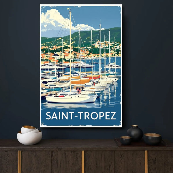 Touteladeco / Toile / Tableau / toile saint tropez / tableau vintage / déco port de plaisance / affiche french riviera / toile mer méditerranée / décoration bord de mer / art rétro nautique