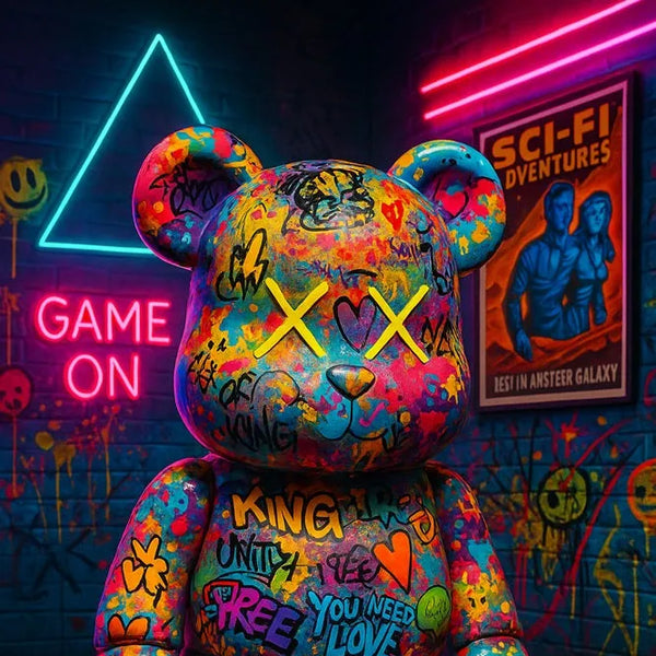 Touteladeco / Toile / Tableau / 
ours graffiti / ourson pop art / tableau street art / néons rétro / cinéma rétro / graffiti coloré / tableau déco urbaine / art moderne / sneaker customisée / game on