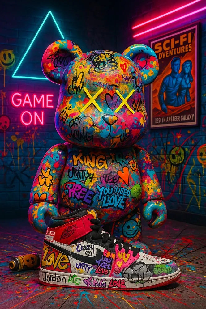 Touteladeco / Toile / Tableau / 
ours graffiti / ourson pop art / tableau street art / néons rétro / cinéma rétro / graffiti coloré / tableau déco urbaine / art moderne / sneaker customisée / game on
