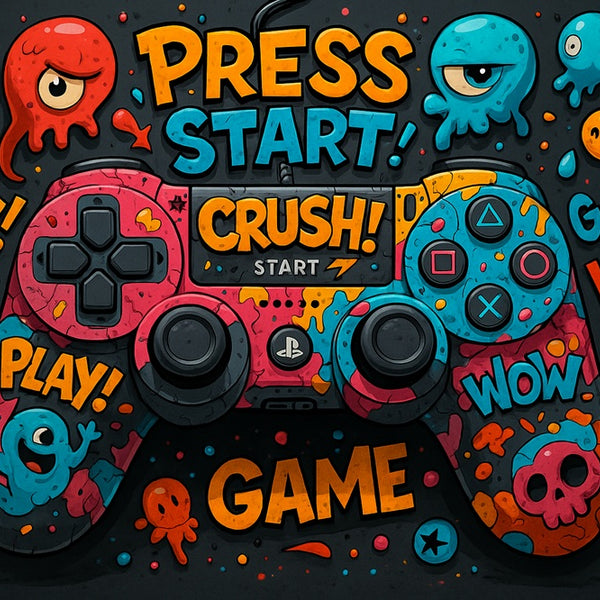 Touteladeco / Toile / tableau / tableau gaming / déco gamer / manette playstation / art pop / style cartoon / univers coloré / déco murale / illustration fun / street art / chambre ado / tableau jeu vidéo / art urbain / poster geek / tableau console / déco moderne
