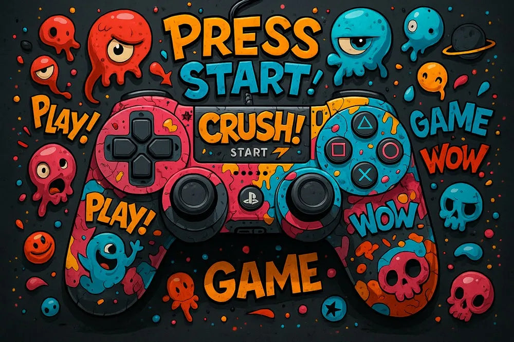 Touteladeco / Toile / tableau / tableau gaming / déco gamer / manette playstation / art pop / style cartoon / univers coloré / déco murale / illustration fun / street art / chambre ado / tableau jeu vidéo / art urbain / poster geek / tableau console / déco moderne