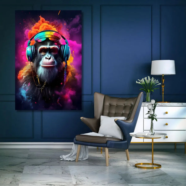 Touteladeco / toile / tableau / tableau singe DJ fun / art urbain coloré / décoration murale électro / singe avec casque audio / explosion de couleurs néon / style pop art moderne / ambiance musicale et festive / déco originale et audacieuse / impression sur toile / tableau street art vibrant