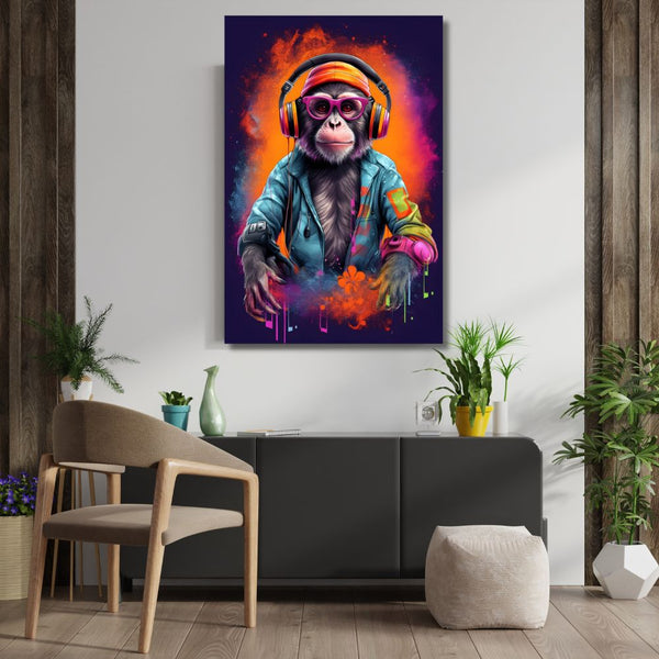 Touteladeco / tableau singe DJ funky / art moderne / street art / pop art / décoration murale / singe avec casque audio / lunettes stylées / couleurs néon / ambiance musicale / graffiti / art urbain / tableau moderne pour salon / déco tendance / singe DJ électro / toile