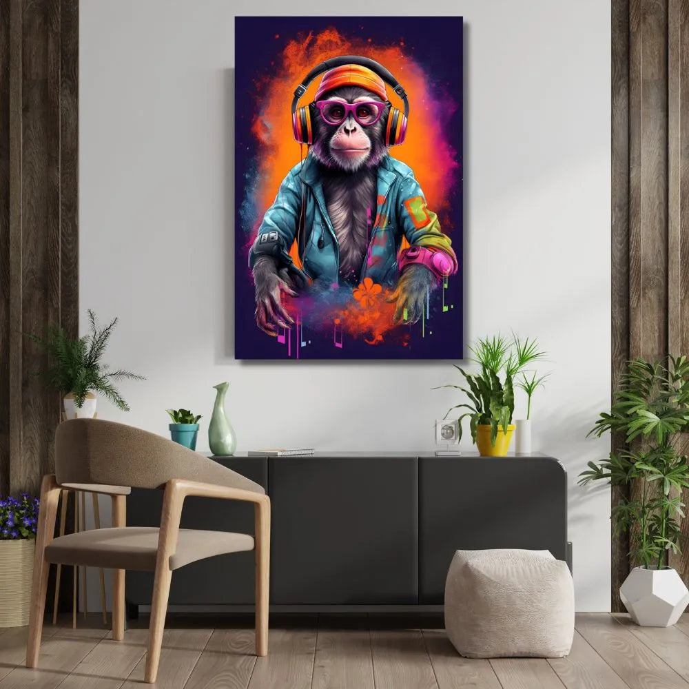 Touteladeco / tableau singe DJ funky / art moderne / street art / pop art / décoration murale / singe avec casque audio / lunettes stylées / couleurs néon / ambiance musicale / graffiti / art urbain / tableau moderne pour salon / déco tendance / singe DJ électro / toile