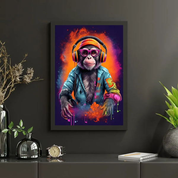 Touteladeco / tableau singe DJ funky / art moderne / street art / pop art / décoration murale / singe avec casque audio / lunettes stylées / couleurs néon / ambiance musicale / graffiti / art urbain / tableau moderne pour salon / déco tendance / singe DJ électro / toile