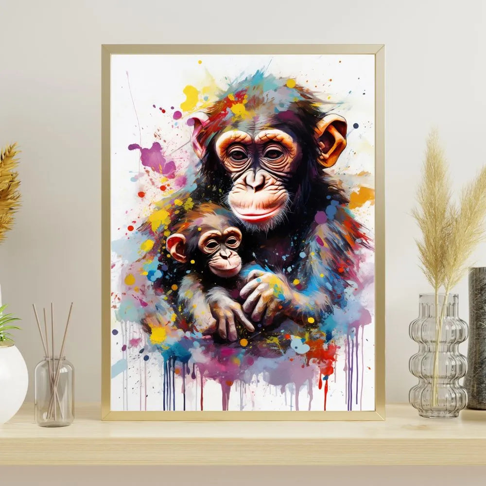 Touteladeco / Tableau / Toile / tableau singe maman et bébé / art animalier coloré / décoration murale tendre / peinture moderne de singes / lien maternel émouvant / explosion de couleurs / style artistique expressif / déco chaleureuse et familiale / impression sur toile / tableau plein d’amour et de douceur
