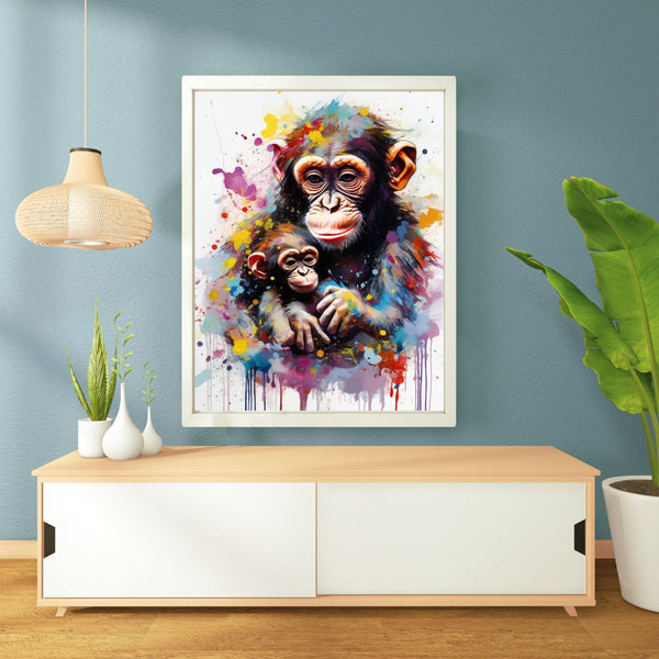 Touteladeco / Tableau / Toile / tableau singe maman et bébé / art animalier coloré / décoration murale tendre / peinture moderne de singes / lien maternel émouvant / explosion de couleurs / style artistique expressif / déco chaleureuse et familiale / impression sur toile / tableau plein d’amour et de douceur
