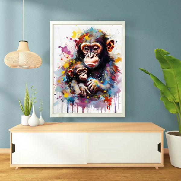Touteladeco / Tableau / Toile / tableau singe maman et bébé / art animalier coloré / décoration murale tendre / peinture moderne de singes / lien maternel émouvant / explosion de couleurs / style artistique expressif / déco chaleureuse et familiale / impression sur toile / tableau plein d’amour et de douceur
