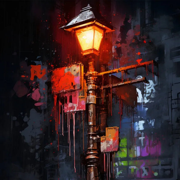 Touteladeco / Toile / Tableau / tableau lampadaire / street art urbain / réverbère rouge / tableau graffiti / décoration murale industrielle / art mural nocturne / ambiance urbaine