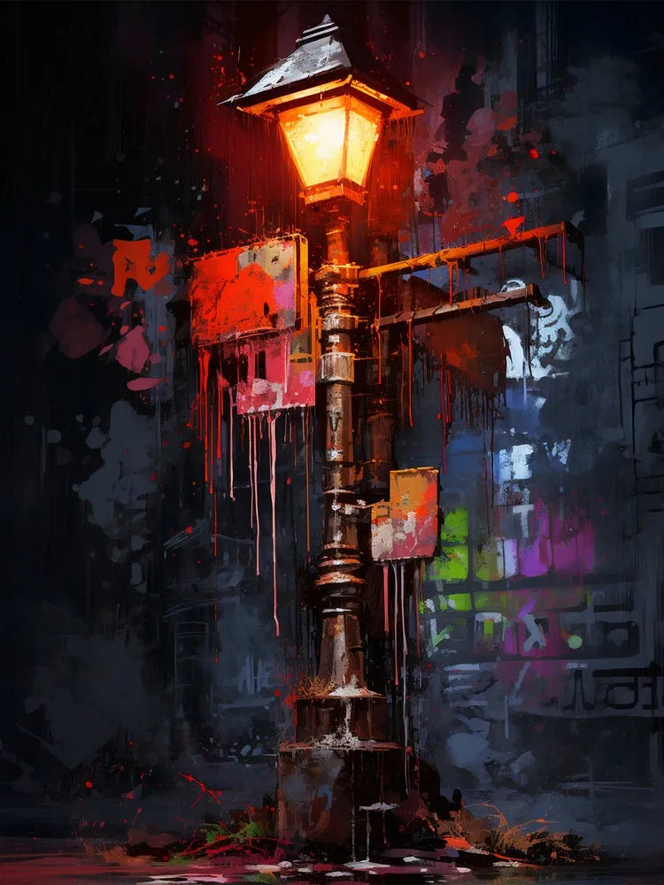 Touteladeco / Toile / Tableau / tableau lampadaire / street art urbain / réverbère rouge / tableau graffiti / décoration murale industrielle / art mural nocturne / ambiance urbaine