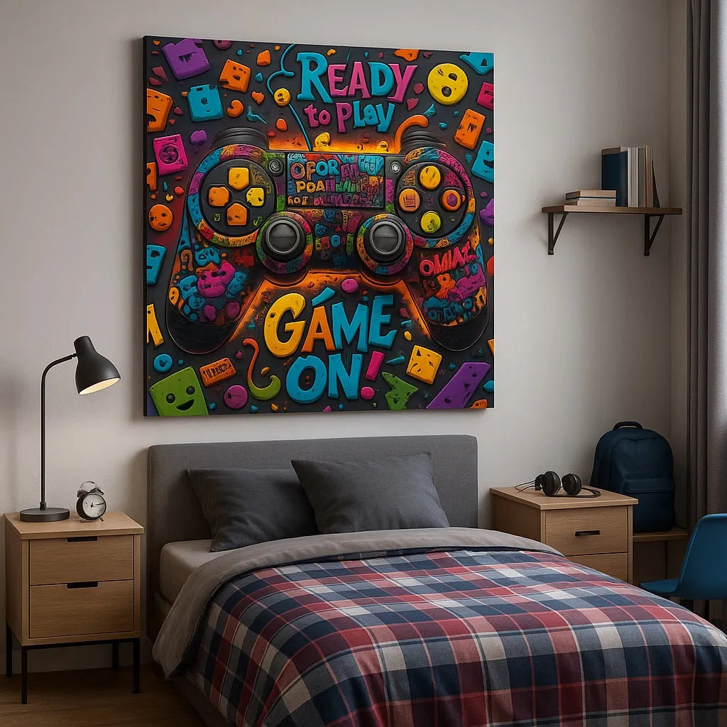 Touteladeco / Tableau / Toile / tableau gaming / décoration chambre gamer / manette colorée / game on / ready to play / art pop jeux vidéo / tableau geek / déco ado / toile console / affiche gamer