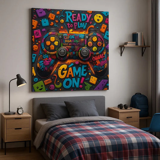 Touteladeco / Tableau / Toile / tableau gaming / décoration chambre gamer / manette colorée / game on / ready to play / art pop jeux vidéo / tableau geek / déco ado / toile console / affiche gamer