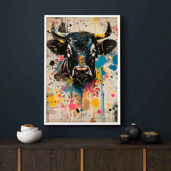 Touteladeco / Toile / tableau / tableau taureau / street art / art mural urbain / déco moderne / peinture taureau colorée / toile originale / graffiti animal / art pop