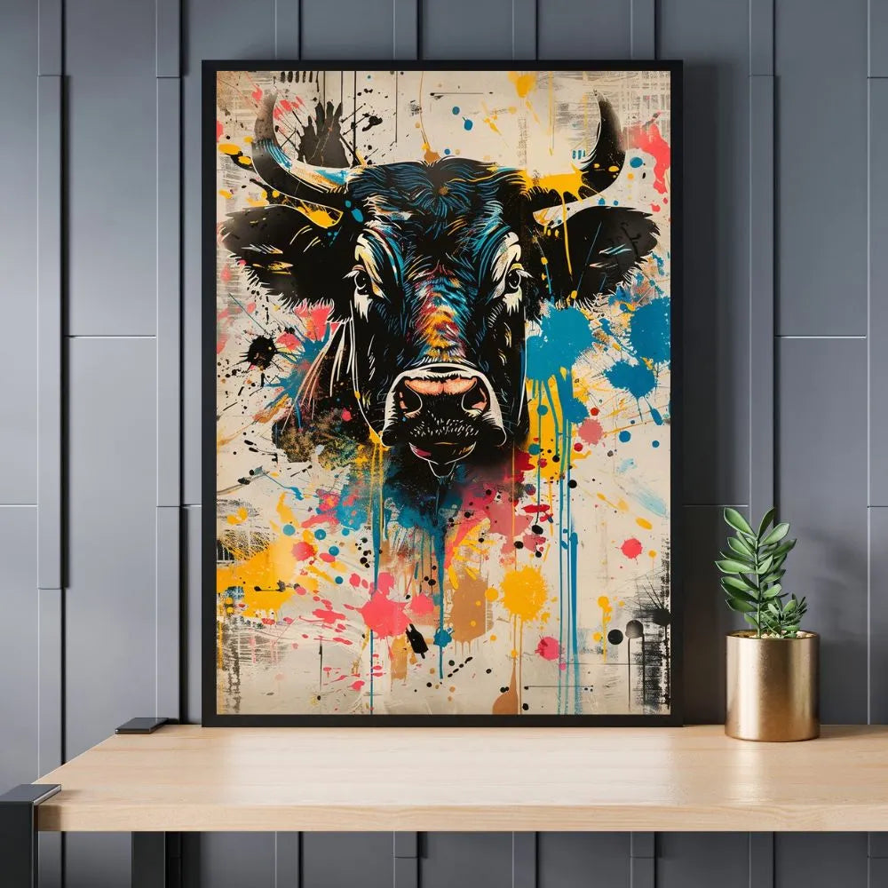 Touteladeco / Toile / tableau / tableau taureau / street art / art mural urbain / déco moderne / peinture taureau colorée / toile originale / graffiti animal / art pop