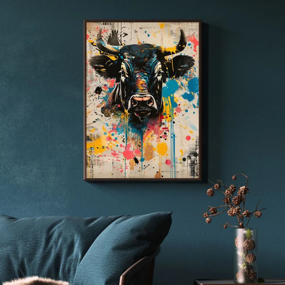 Touteladeco / Toile / tableau / tableau taureau / street art / art mural urbain / déco moderne / peinture taureau colorée / toile originale / graffiti animal / art pop